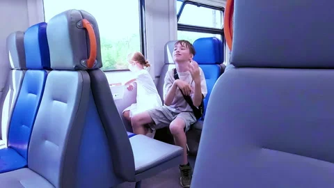 Boy having fun, laughing and gesturing inside a passenger train car Stock Footage 338322369