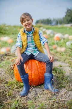 Boy having fun with pumpkins on pumpkin patch on farm Foto stock