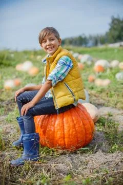 Boy having fun with pumpkins on pumpkin patch on farm Fotos Stock