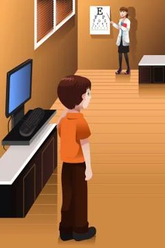 Boy having his eyes checked at the doctor office Stock Illustration