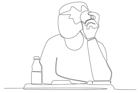 A boy having lunch with fruit and a glass of milk one line drawing Stock Illustration