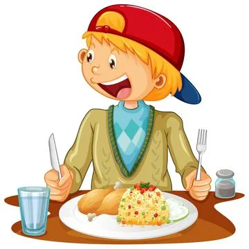 A boy having meal at the table on white background Stock Illustration
