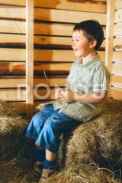 Boy on hayloft Stock Photos