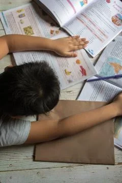 A boy with head down on books. Stock Photos