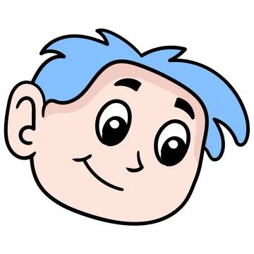 The boy head smiling blue haired handsome. doodle icon drawing Stock Illustration