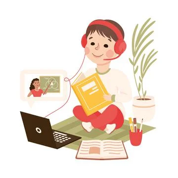 Boy in Headphones Studying Online Using Laptop Computer, Homeschooling, Distance Stock Illustration