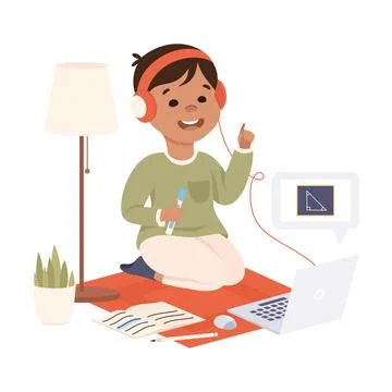 Boy in Headphones Studying Online Using Computer, Distance Lesson, Homeschooling Stock Illustration