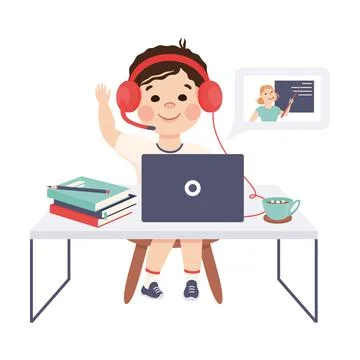 Boy in Headphones Studying Online Using Computer and Raising His Hand to Answer 스톡 일러스트