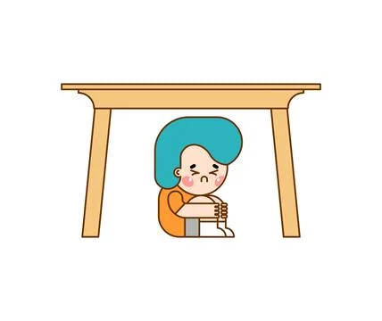 Boy hiding under table. Child sitting under table and afraid. Concept of ch.. Stock Illustration