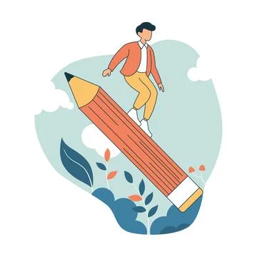 Boy High School Student Character Illustration Surfing on Giant Pencil in t.. Stock Illustration