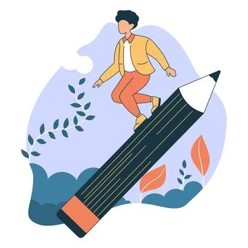 Boy High School Student Character Illustration Surfing on Giant Pencil in t.. Stock Illustration