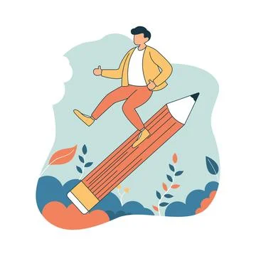 Boy High School Student Character Illustration Surfing on Giant Pencil in t.. Stock Illustration