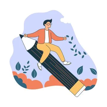 Boy High School Student Character Illustration Surfing on Giant Pencil in t.. Stock Illustration