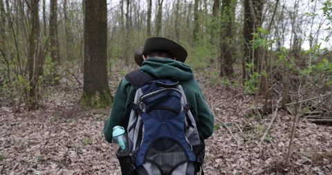 Boy is hiking in forest. The boy is walking alone in the woods Stock Footage 153275272