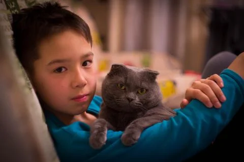 The boy with his cat 库存照片
