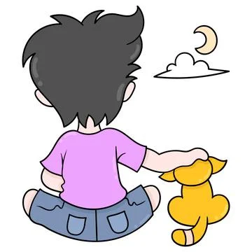 Boy with his pet cat brooding in the middle of the night, doodle icon image k Stock Illustration