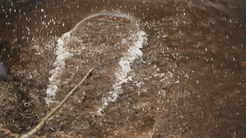 The boy hits the water with all his strength with a large branch. Close up Stock Footage 128016404