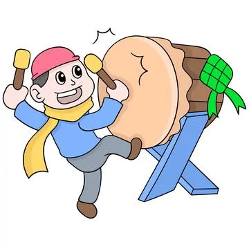 Boy is hitting the drum to welcome the Eid al Fitr, doodle icon image kawaii Stock Illustration