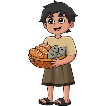 Boy holding Basket with Bread and Fish Clipart Stock Illustration