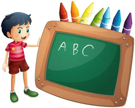 A boy holding the blackboard with crayons at the back Stock Illustration