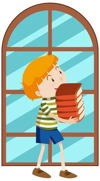 Boy holding book stack simple cartoon character Illustrazione stock
