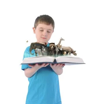 Boy holding book of wild animals on white background Stock Photos