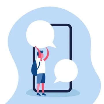 Boy holding chat bubble online mobile application communication concept guy 스톡 일러스트