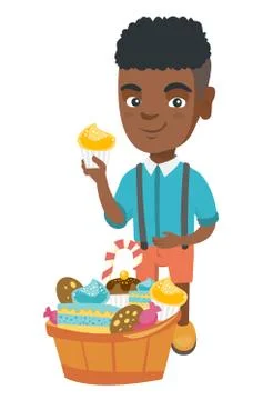 Boy holding a cupcake and stroking his belly. Stock Illustration