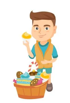 Boy holding a cupcake and stroking his belly. Stock Illustration