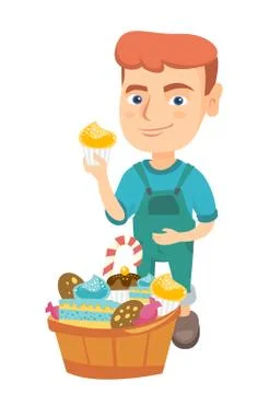 Boy holding a cupcake and stroking his belly. Stock Illustration