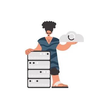 The boy is holding a data cloud and a server Stock Illustration