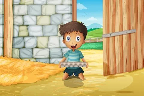 A boy holding an empty egg tray inside the barnhouse Stock Illustration
