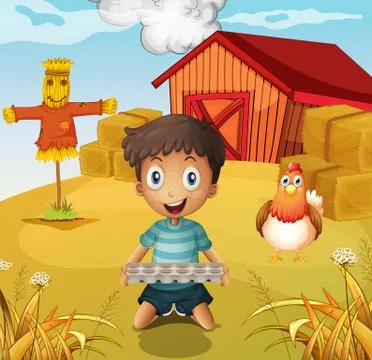 A boy holding an empty egg tray at the farm with a scarecrow Stock Illustration