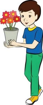 Boy holding a flower pot with red and pink flowers Stock Illustration
