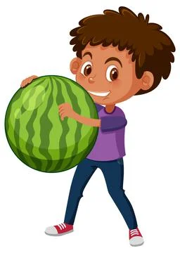 A boy holding fruit on white background Stock Illustration