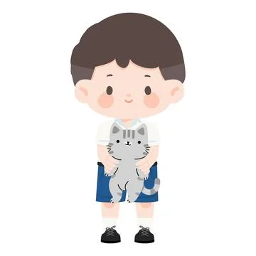 Boy Holding a Gray Cat Stock Illustration