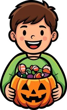 Boy Holding Halloween Pumpkin Candy Basket Stock Illustration