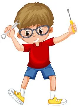 A boy holding hand tools on white background Stock Illustration