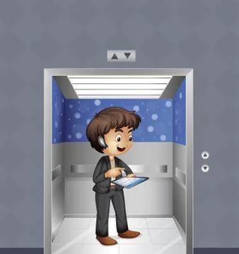 A boy holding an ipad inside the elevator Stock Illustration