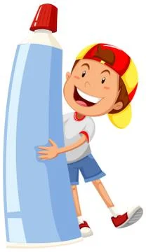 Boy holding large toothpaste Illustration