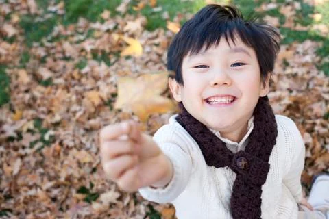Boy holding up a leaf in Autumn Stock Photos