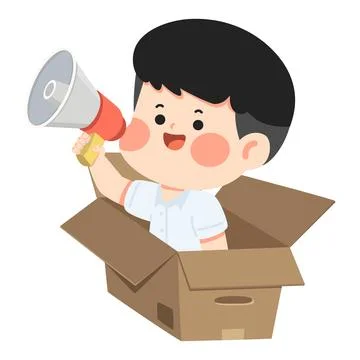 Boy Holding Megaphone Inside Cardboard Box Stock Illustration