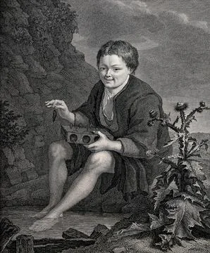 A boy holding a mouse trap on his knees and a dead mouse in his right hand .. Stock Illustration