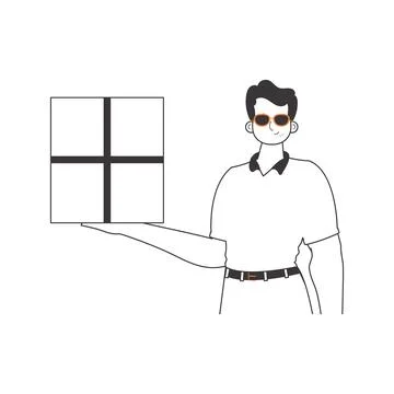 The boy is holding a parcel. Delivery concept. Linear style. Isolated on wh.. 스톡 일러스트