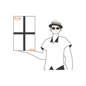 The boy is holding a parcel. Delivery concept. Linear trendy style. Isolate.. Illustrazione stock