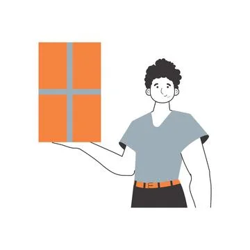 The boy is holding a parcel. Delivery concept. Linear modern style. Isolate.. 스톡 일러스트
