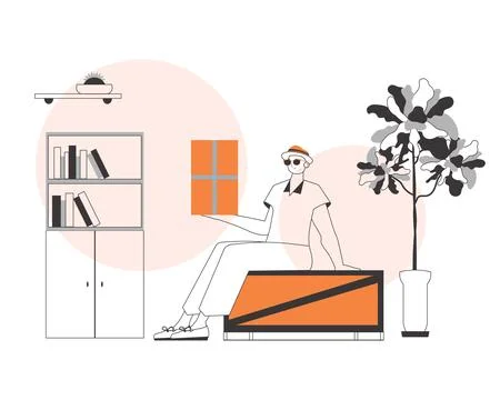 The boy is holding a parcel. Delivery concept. Linear style. Illustrazione stock