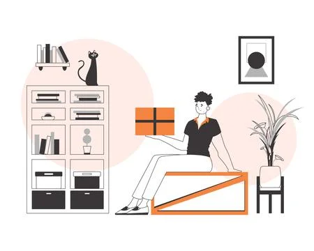 The boy is holding a parcel. Delivery concept. Linear modern style. Illustrazione stock