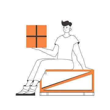 The boy is holding a parcel. Parcel Provider. Linear style. Isolated on whi.. Illustrazione stock