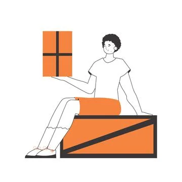 The boy is holding a parcel. Parcel Provider. Linear trendy style. Isolated.. Stock Illustration
